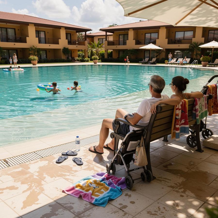 Two parents resting on a shaded poolside bench while their children swim in the shallow end of a family resort pool